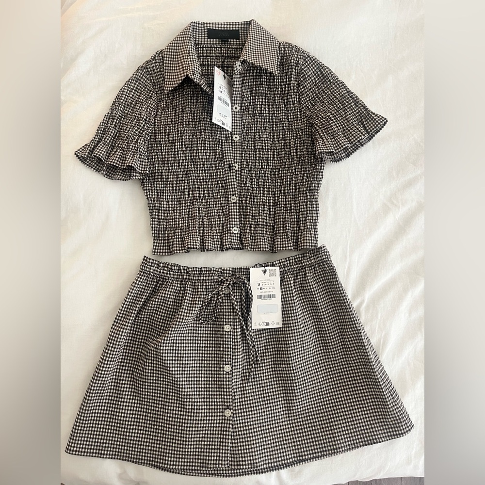Zara Drk Brown and White Gingham Mini Skirt Set